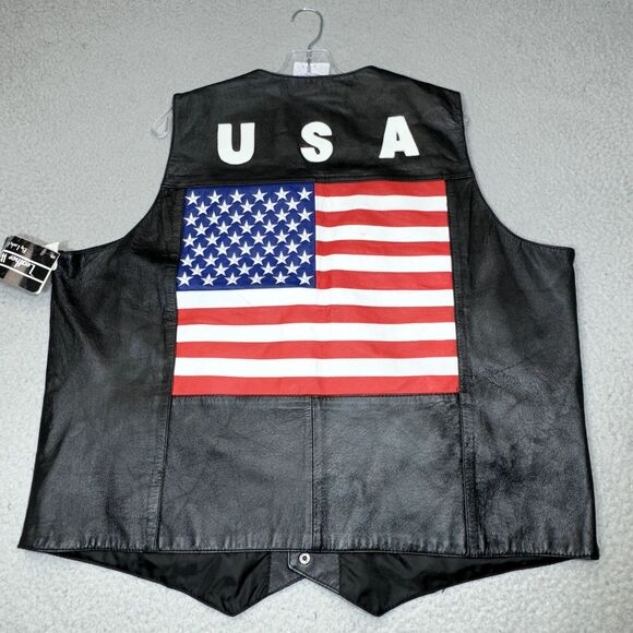 USA Leather Vest Men 4XL Black Lucky Flag Patriotic Biker Motorcycle Patch NEW